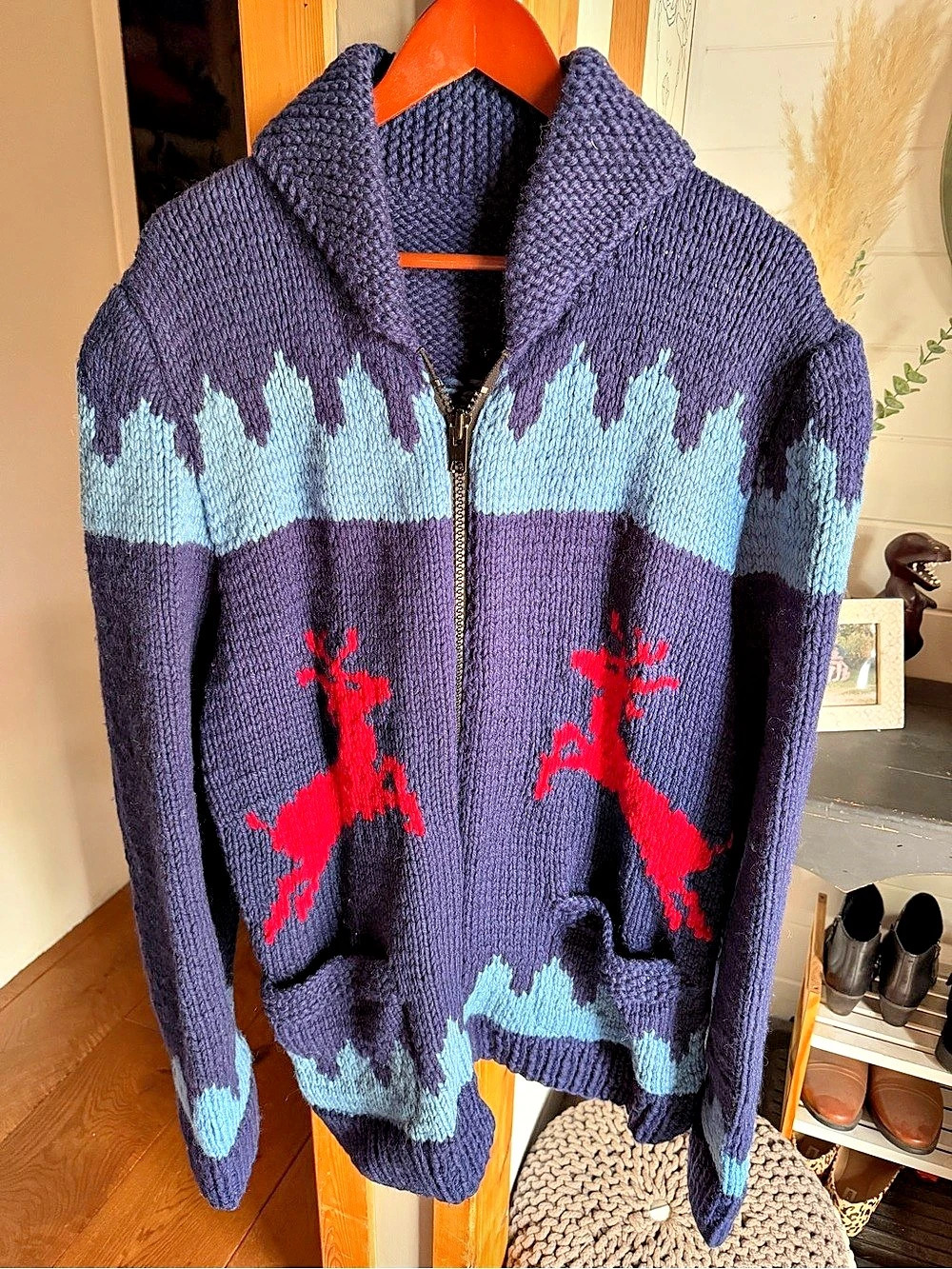 Reindeer heavy weight Knit Zip Cardigan in navy & Blue